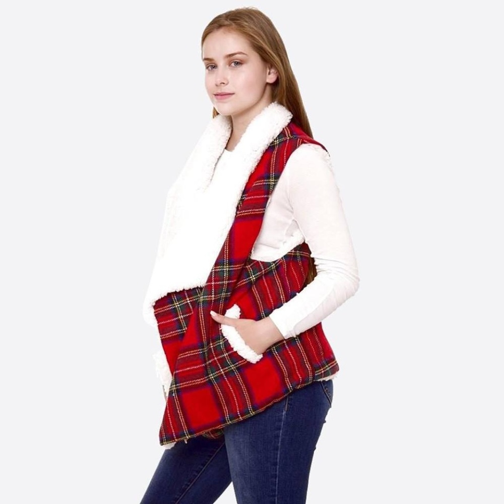Sherpa Lined Vest- Red PlaidDetails- Tartan plaid